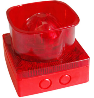 Flashing Strobe Annunciator with 100dB horn, bright LED, and adjustable tones and volume